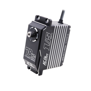 Black electronic servo with branding on a white background