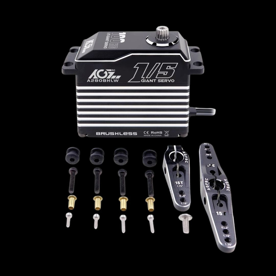 AGFRC Brushless 100KG Billet Servo with various components laid out, predominantly black with metallic and silver accents.