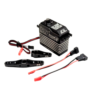 Side view of the AGFRC A280BVLW V2 brushless 250kg billet servo showing its aluminium casing, servo horns and connecting cables.