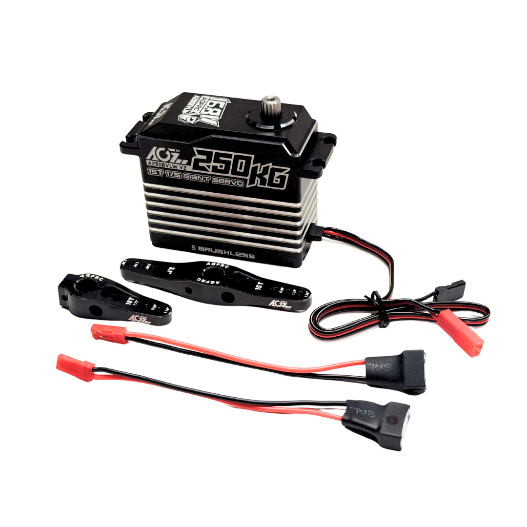 AGFRC A280BVLW V2 brushless 250kg billet RC servo with servo horns, cables and connectors.