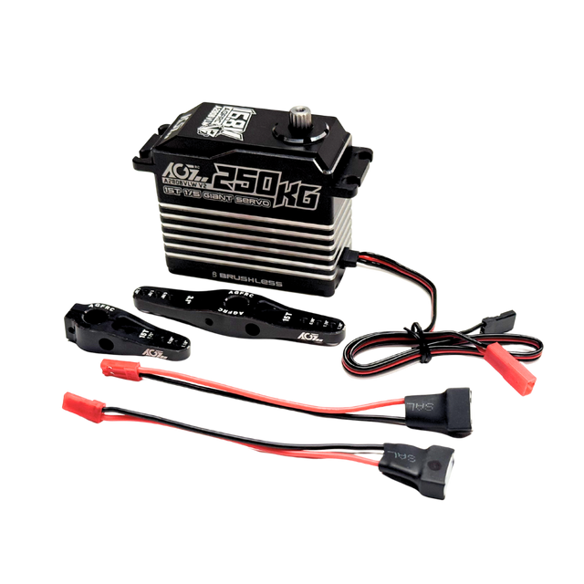 AGFRC A280BVLW V2 brushless 250kg billet RC servo with servo horns, cables and connectors.
