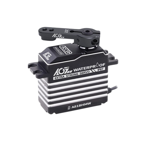 Black servo motor with branding on a white background