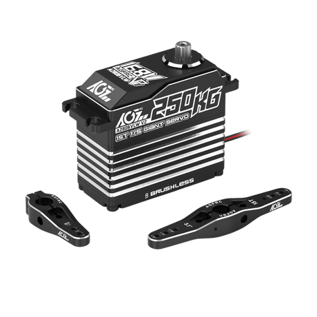 AGFRC K250KG brushless servo motor shown with two black metal arms on a solid white background.