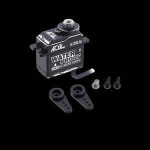 AGFRC A19DLM servo shown with hardware and horns