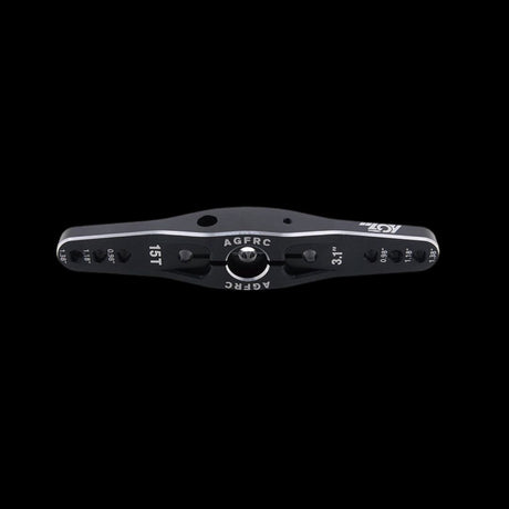Black billet dual sided servo horn with the AGFRC logo, designed for 1/5 scale servo applications.