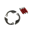 Mechanical components including a spring and metal plates on a white background