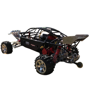 Black off-road vehicle chassis with visible mechanical components on a black background