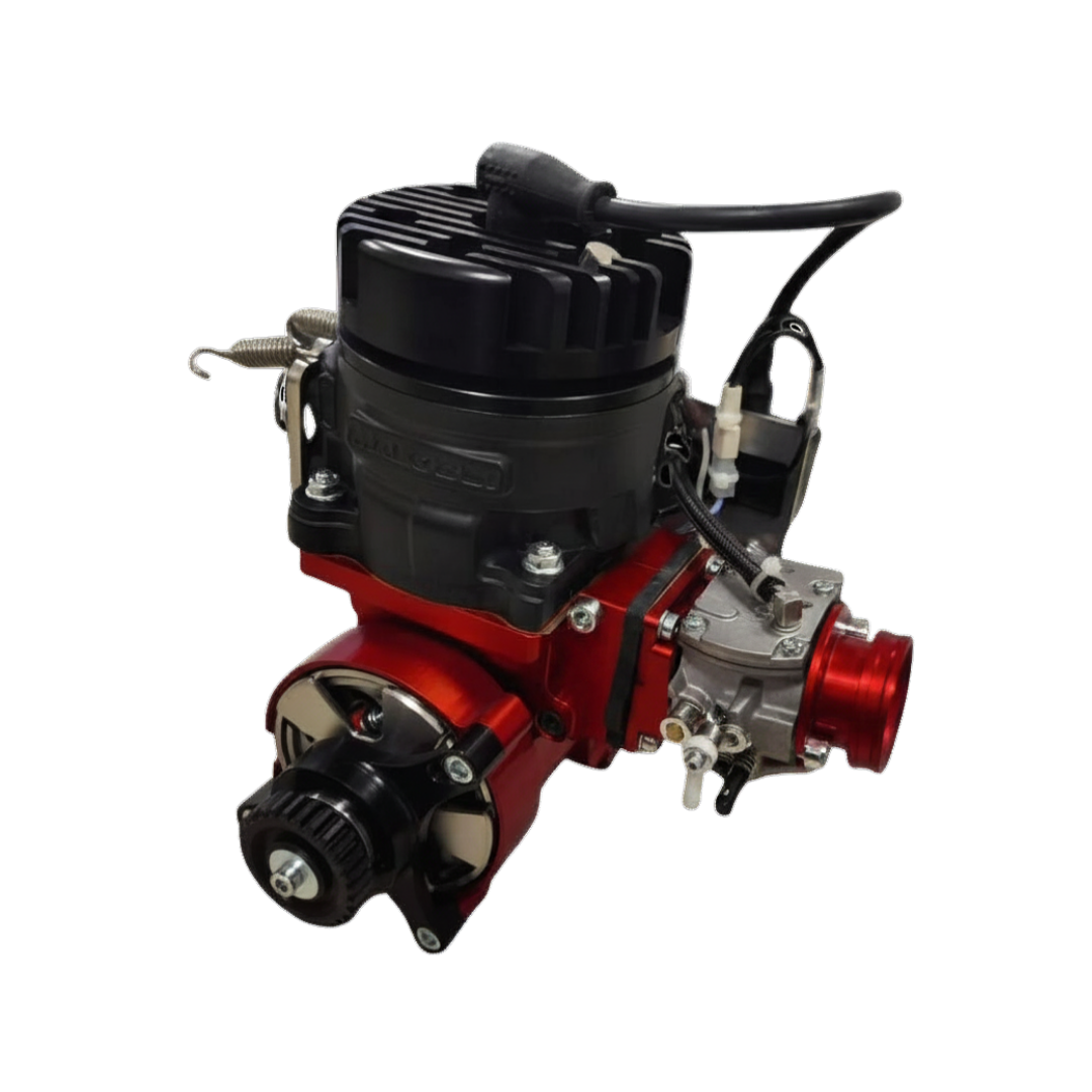Engine block with red and black components on a black background