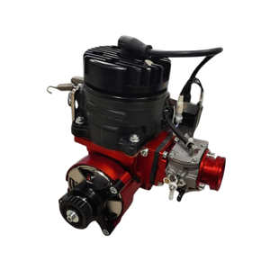 Engine block with red and black components on a black background