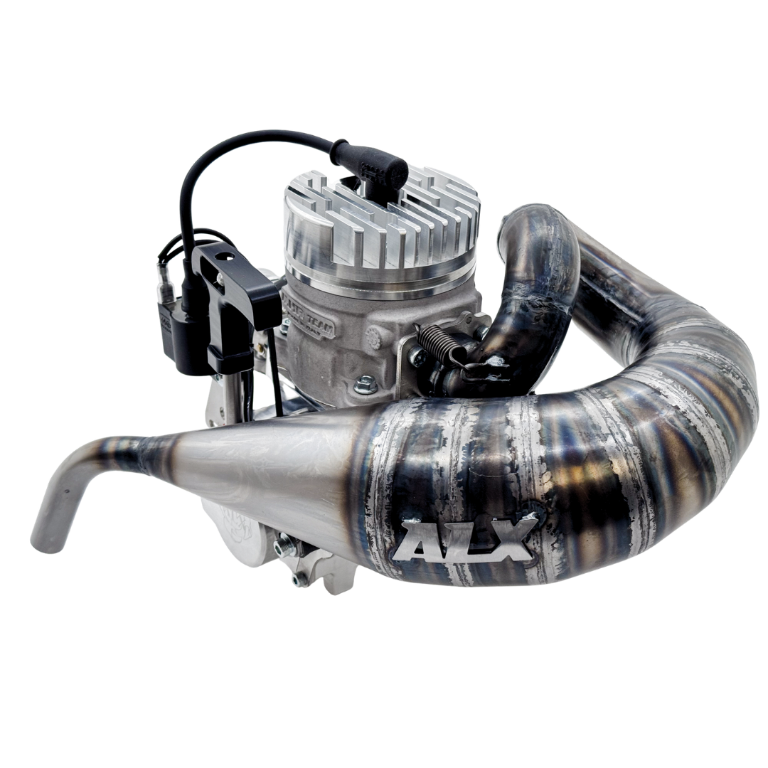 ALX 85cc Malossi GSR46 GoPed engine kit shown at an angle with exhaust pipe fitted