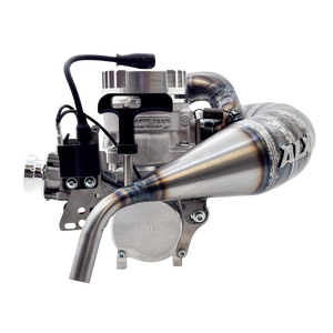 Rear angled view of ALX 85cc Malossi GSR46 GoPed engine kit with exhaust pipe