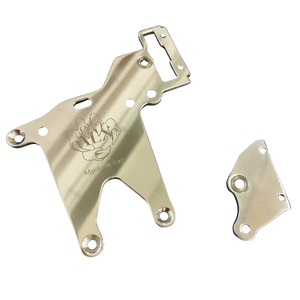 Metal bracket with engraved logo on a white background