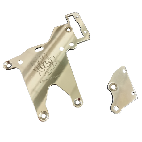 Metal bracket with engraved logo on a white background