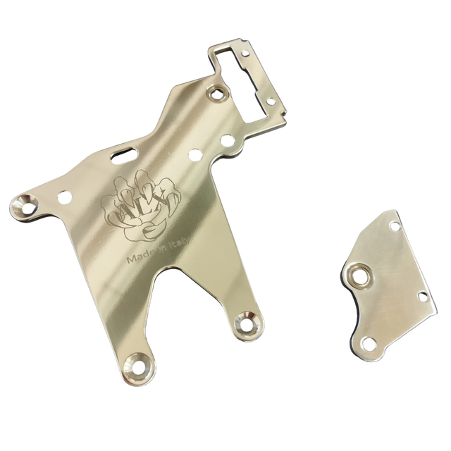 Metal bracket with engraved logo on a white background
