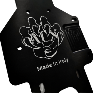 Black metal chassis with white hand graphic and 'Made in Italy' text on a white background
