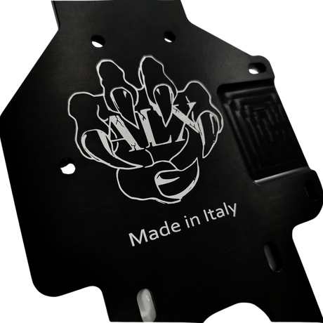 Black metal chassis with white hand graphic and 'Made in Italy' text on a white background