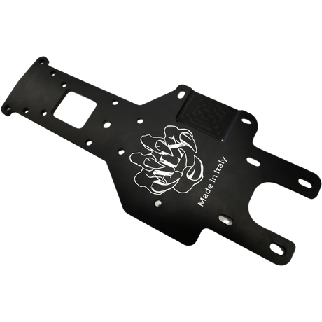 Black metal chassis with white logo and text on a white background