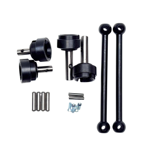 Set of mechanical components including black and metal parts on a white background