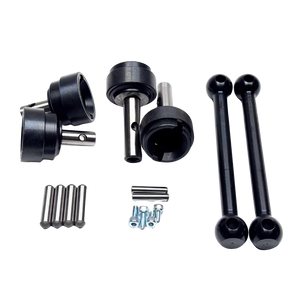 Set of black mechanical components on a white background