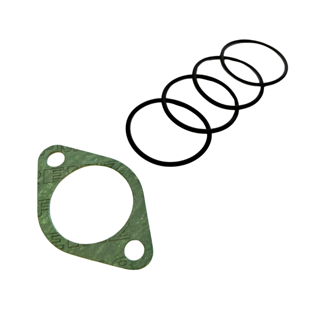 Green gasket and black O-rings on a white background