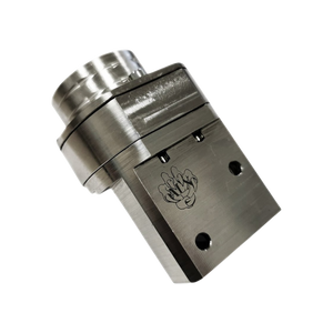 Metallic cylindrical machined piece with a brand logo on a white background