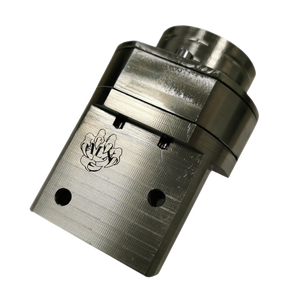 Metallic mechanical component with a logo on a white background
