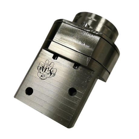 Metallic mechanical component with a logo on a white background