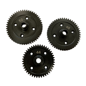 Three black gears with different numbers on a white background