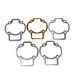 Set of five gaskets with one gold-colored gasket on a white background