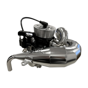 Model car engine and exhaust system on a white background