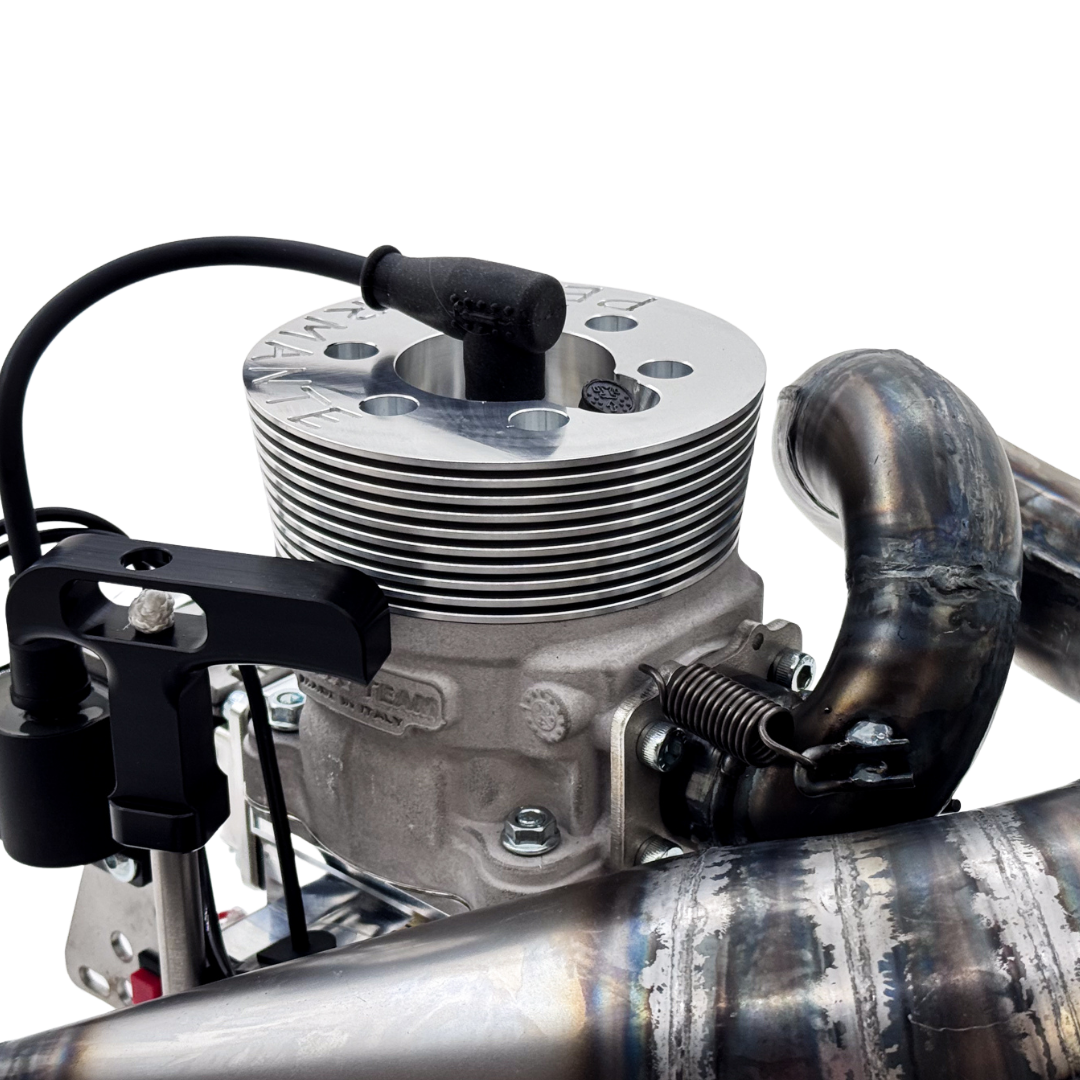 Close-up of raw silver billet cylinder head on ALX Performante 71cc Malossi GSR46 GoPed engine kit