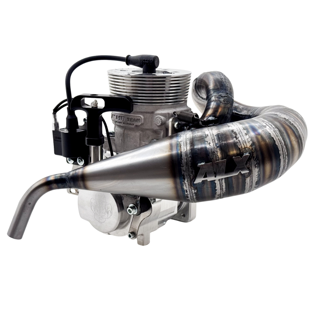 Rear angled view of ALX Performante 71cc Malossi GSR46 GoPed engine kit with exhaust pipe