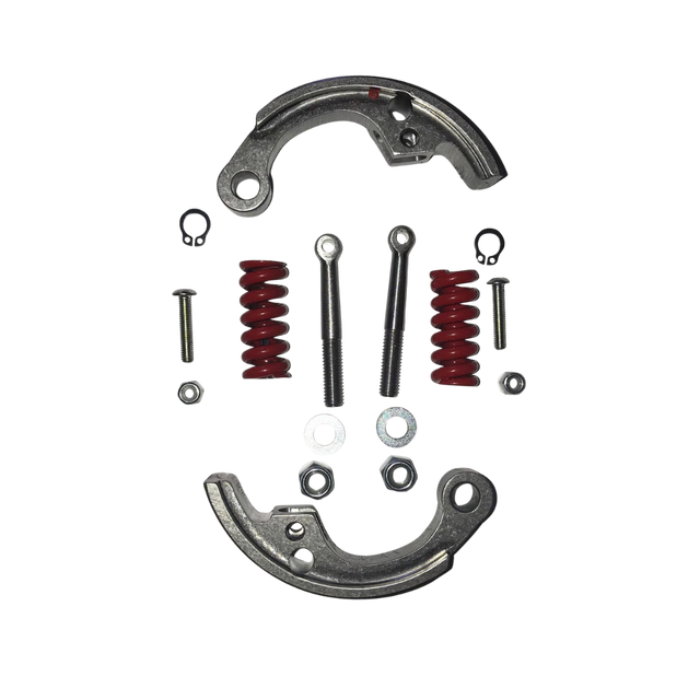 Mechanical parts including metal brackets, springs, and screws on a white background
