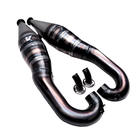 Metallic exhaust pipe system on a white background