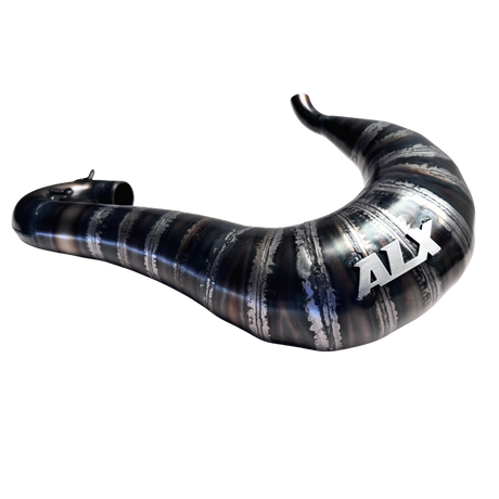 Black and silver curved exhaust pipe with 'ALX' branding on a white background