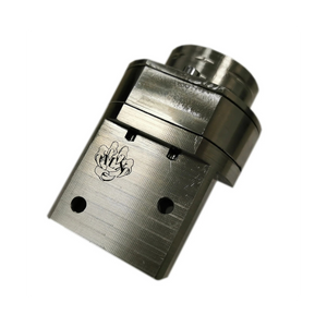 Metallic air filter device with a brand logo on a white background