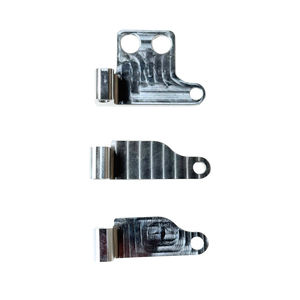 Three metal brackets on a white background