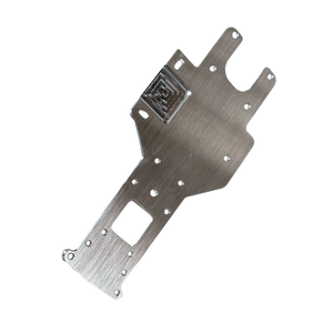 Metal bracket with engraved logo on a white background