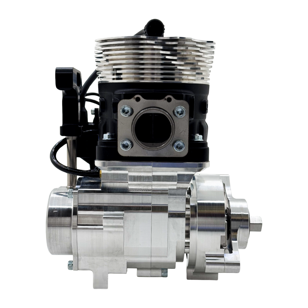 Metallic engine block on a white background