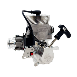 Metallic engine block with various components on a white background
