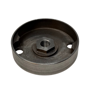 Metallic pulley with a central bolt on a white background
