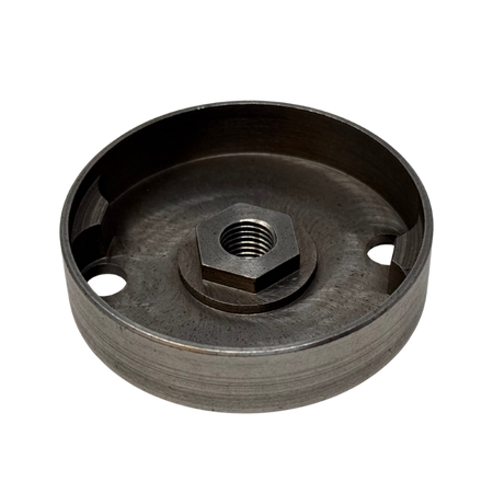Metallic pulley with a central bolt on a white background