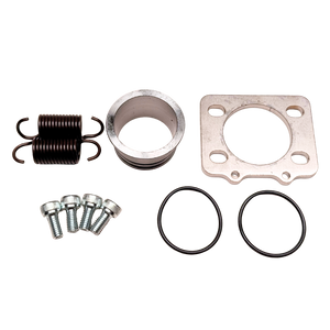 Mechanical parts including a spring, metal sleeve, gasket, and washers on a white background