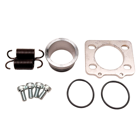 Mechanical parts including a spring, metal sleeve, gasket, and washers on a white background