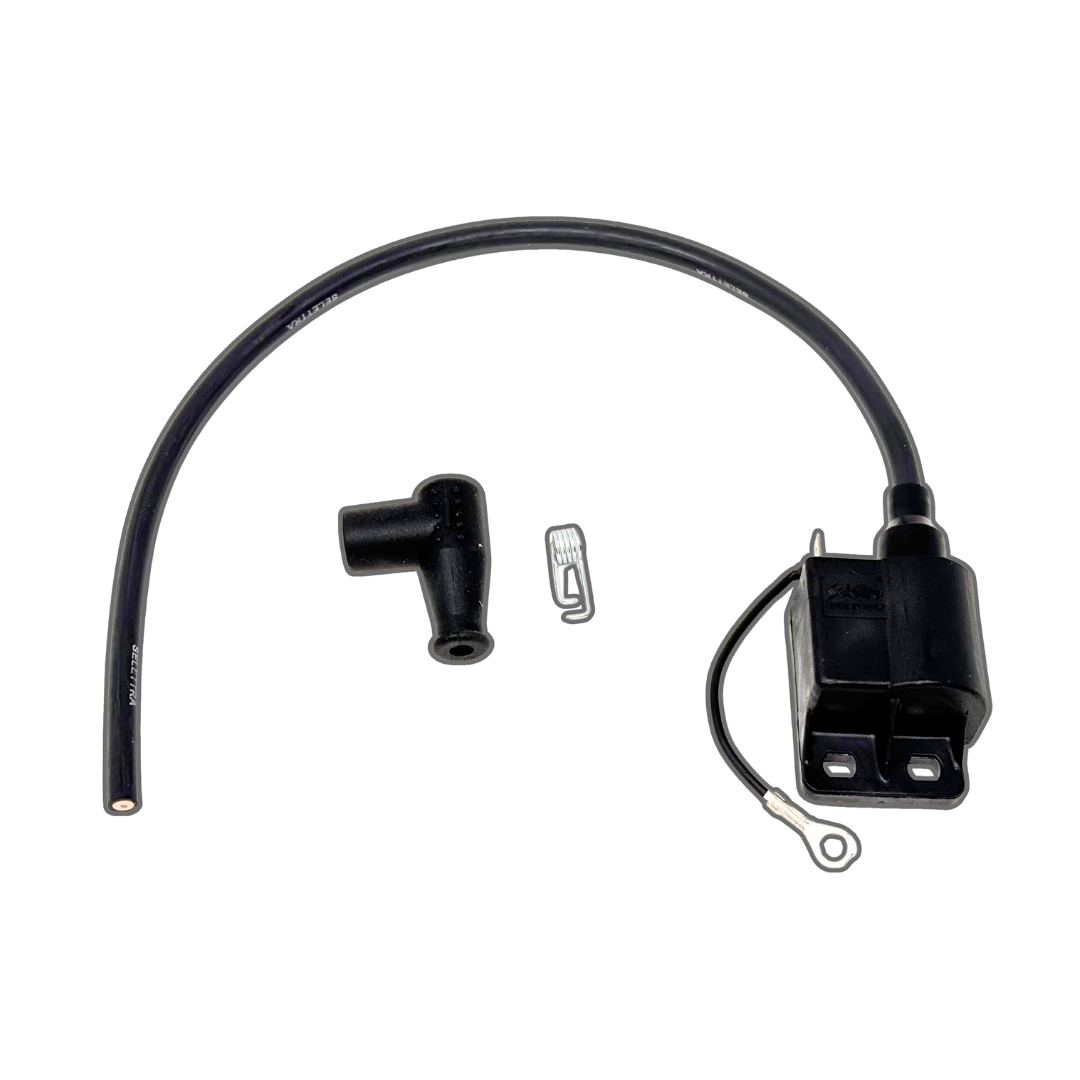 Black ignition coil with wiring on a white background