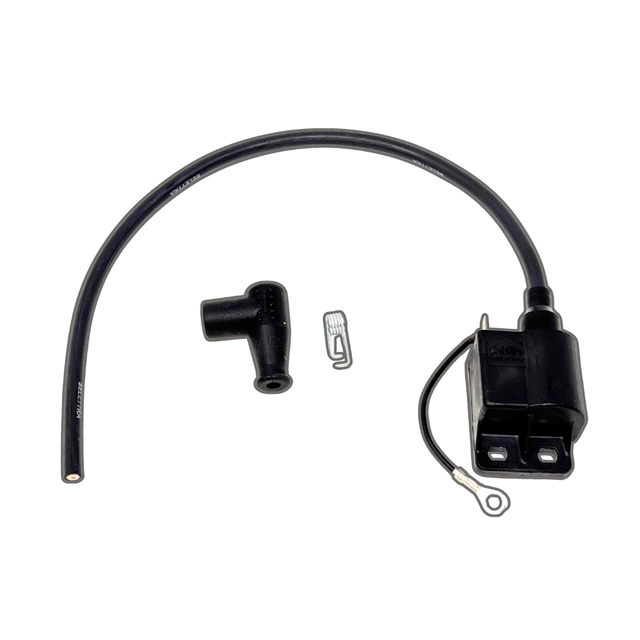 Black ignition coil with wiring on a white background