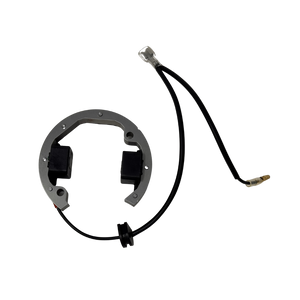 Mechanical component with a black cable on a white background
