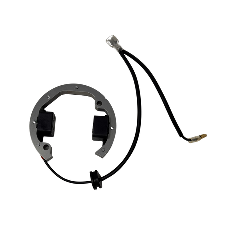 Mechanical component with a black cable on a white background