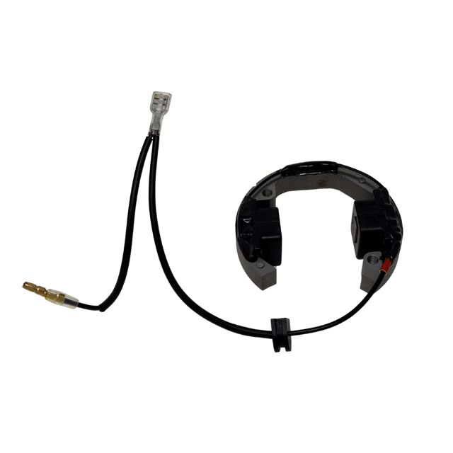Black ignition coil with connector on a white background