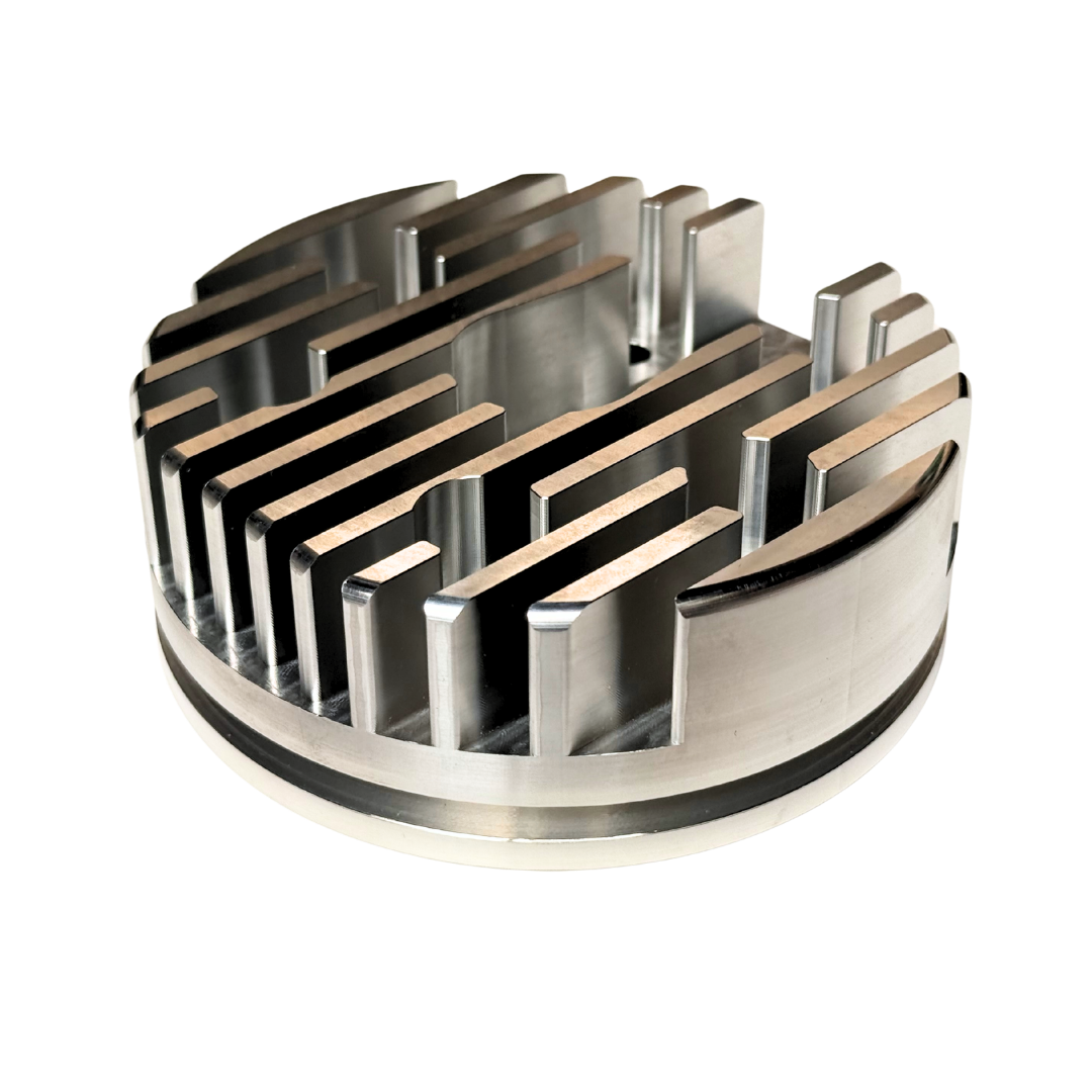 Metallic cooling fin design on a white background